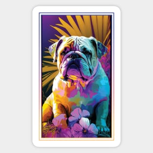 Bulldog Vibrant Tropical Flower Tall Digital Oil Painting Portrait 3 Sticker